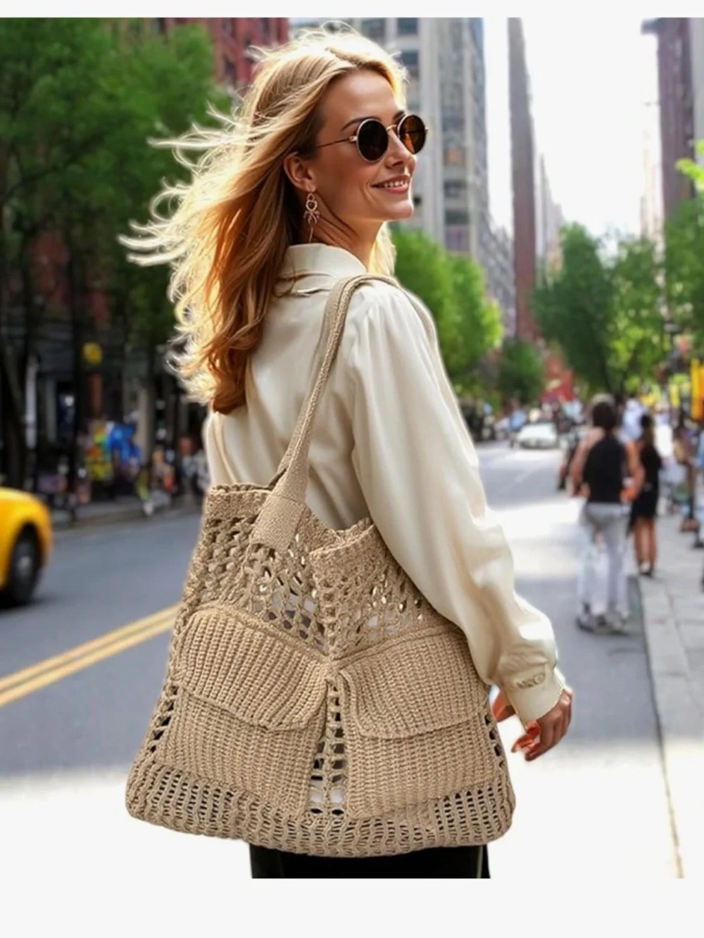 Women's Beach Tote Bag, Crochet Knit Hollow Design, Stylish Tote